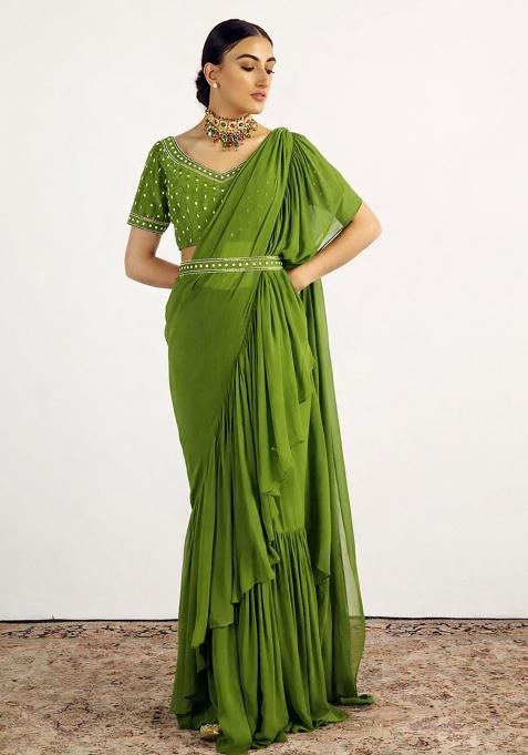 Lime Green Hand Work Embellished Pre Draped Saree Set