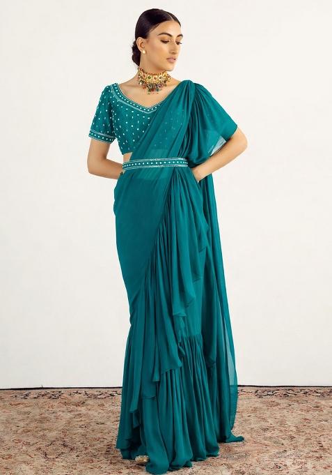 Teal Green Hand Work Embellished Pre Draped Saree Set