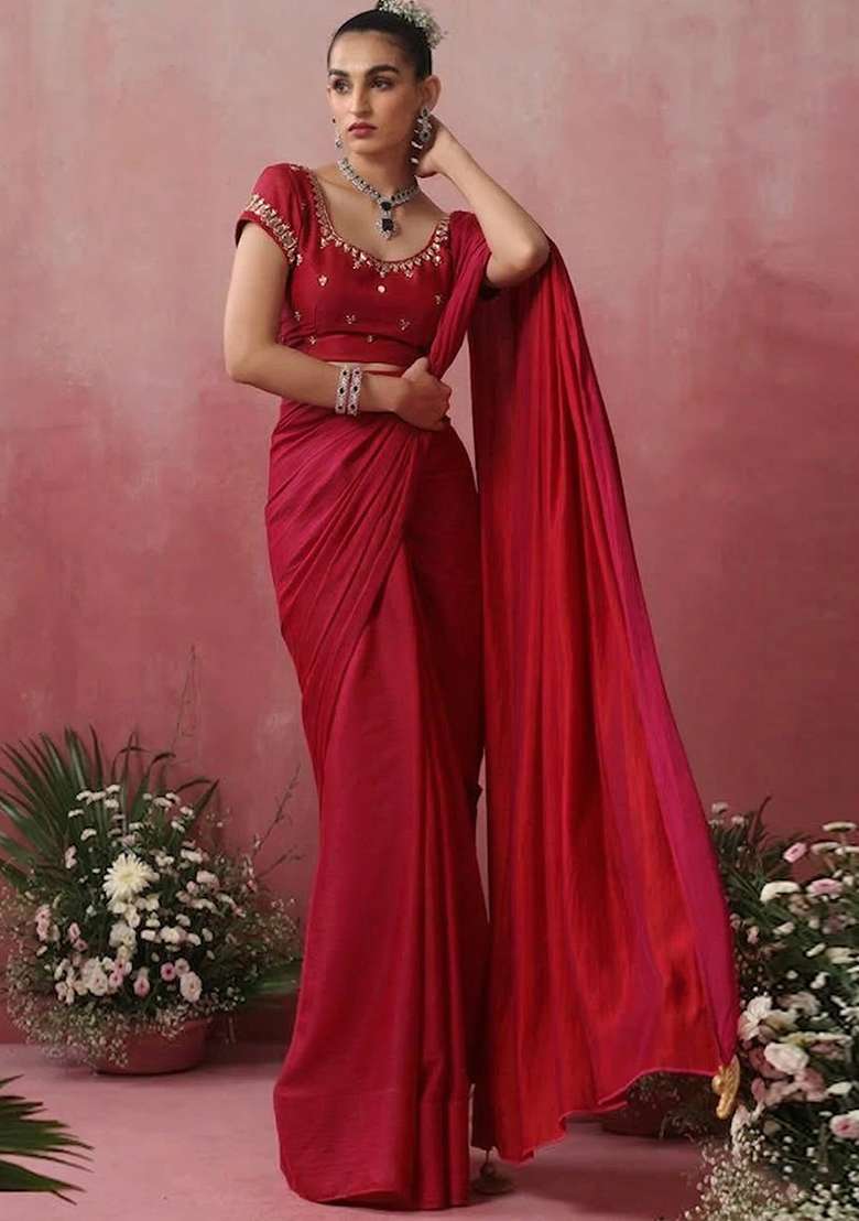 Deep Red Hand Work Embroidered Pre Draped Saree Set - Indya