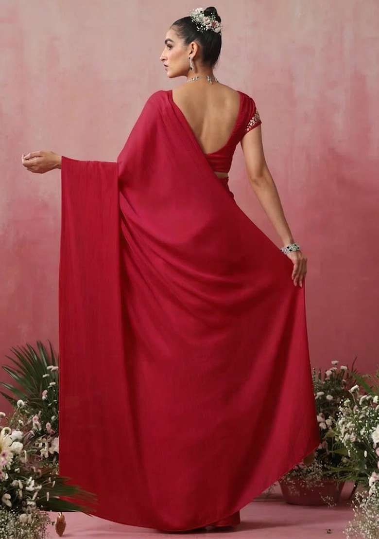 Deep Red Hand Work Embroidered Pre Draped Saree Set - Indya
