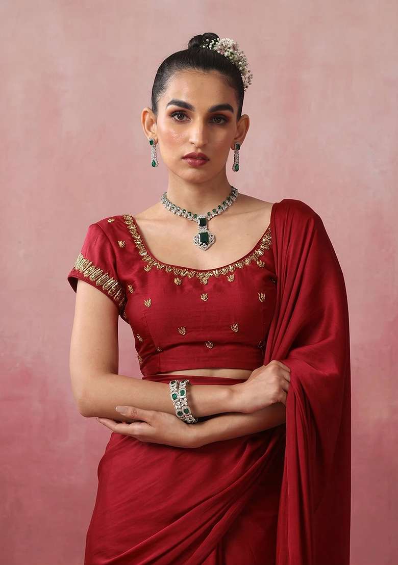 Deep Red Hand Work Embroidered Pre Draped Saree Set - Indya