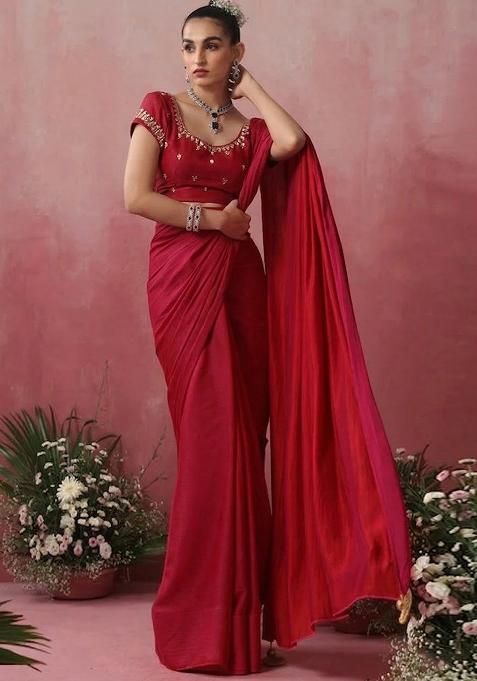 Deep Red Hand Work Embroidered Pre Draped Saree Set