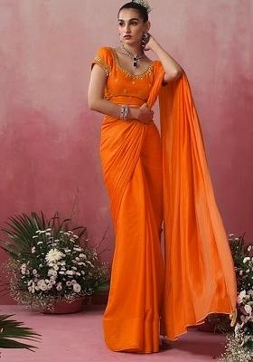 Bright Orange Hand Work Embroidered Pre Draped Saree Set