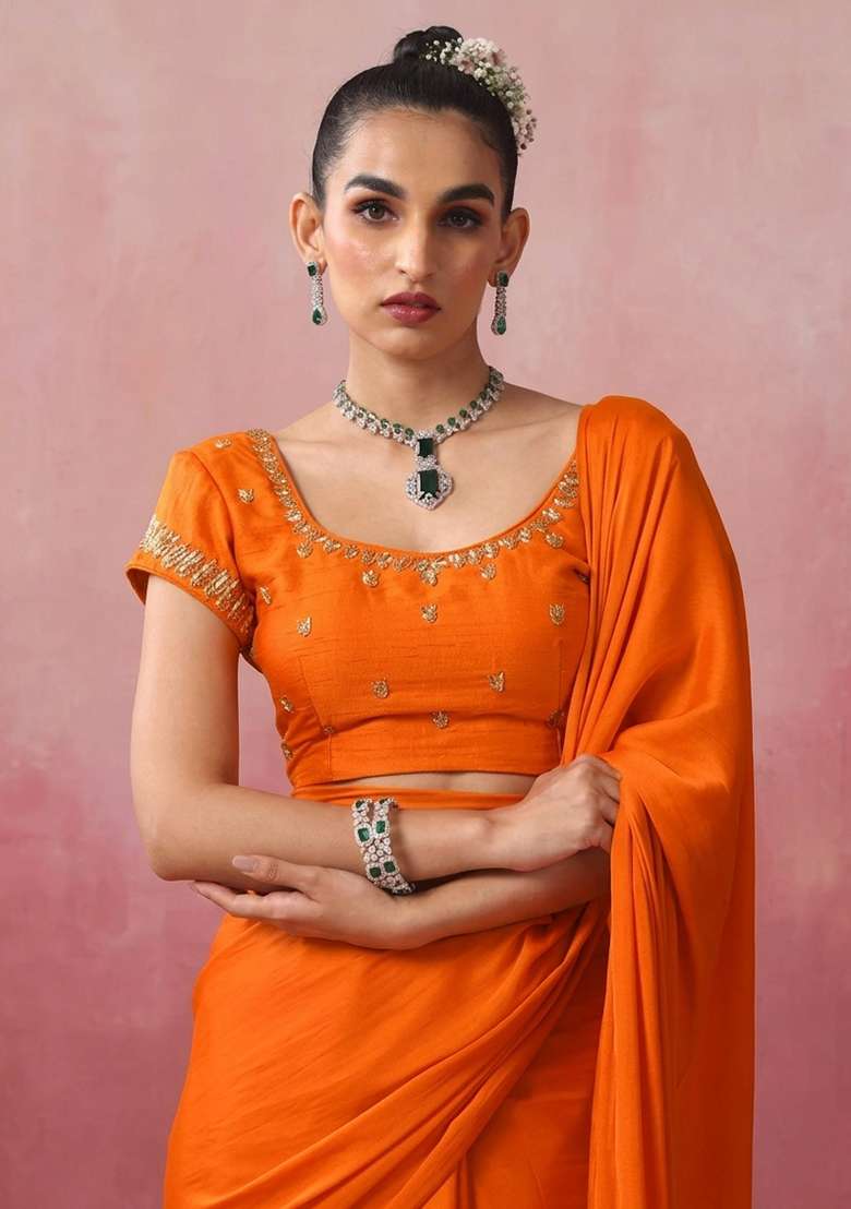 Bright Orange Hand Work Embroidered Pre Draped Saree Set - Indya