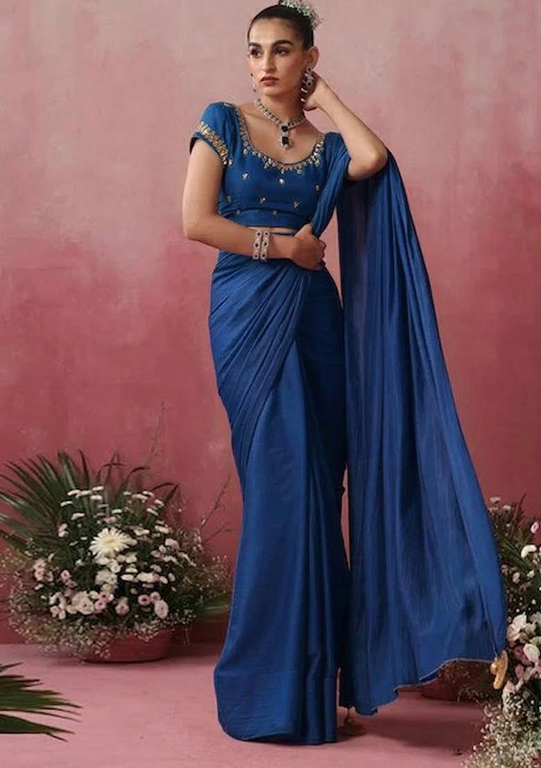 Royal Blue Hand Work Embroidered Pre Draped Saree Set - Indya