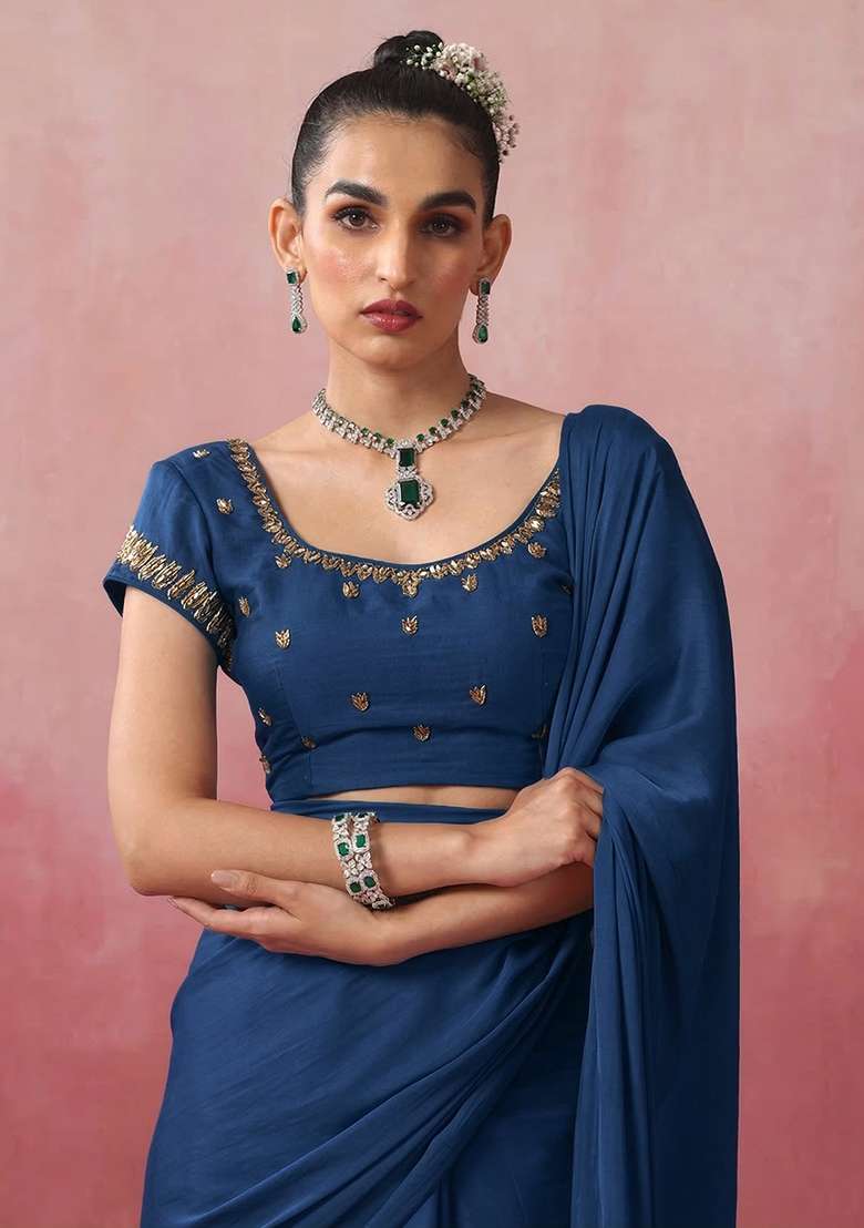 Royal Blue Hand Work Embroidered Pre Draped Saree Set - Indya