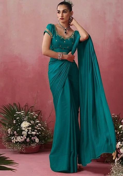 Ocean Blue Hand Work Embroidered Pre Draped Saree Set