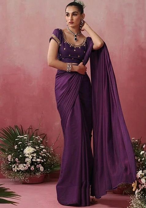 Plum Hand Work Embroidered Pre Draped Saree Set