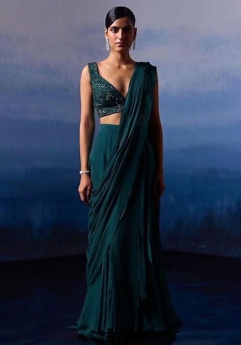 Deep Teal Green Georgette Handwork Pre Draped Saree Set