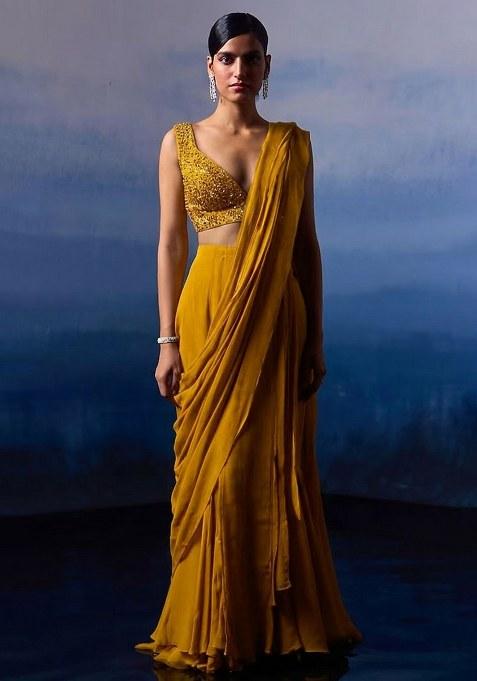 Yellow Georgette Handwork Pre Draped Saree Set