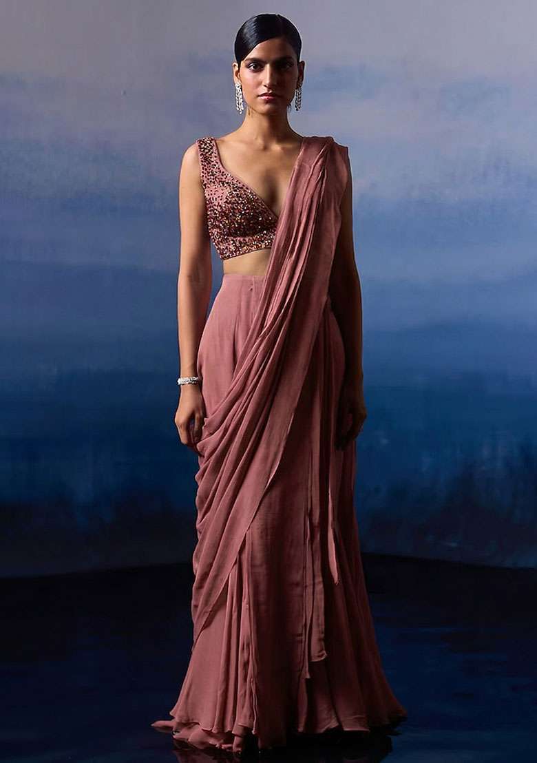 Dusty Pink Georgette Handwork Pre Draped Saree Set - Indya