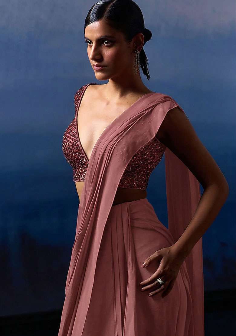 Dusty Pink Georgette Handwork Pre Draped Saree Set - Indya