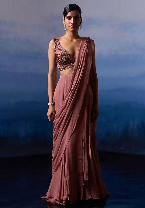 Dusty Pink Georgette Handwork Pre Draped Saree Set