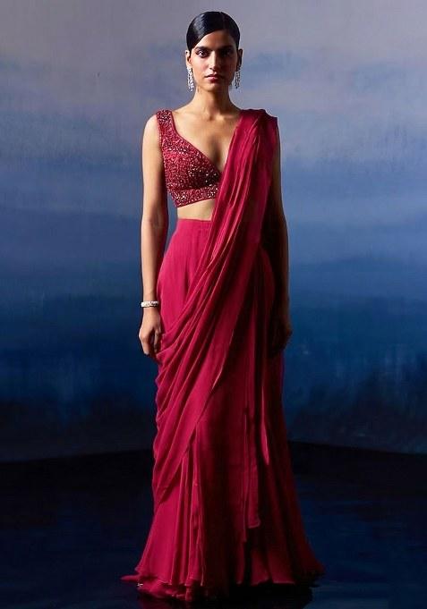 Rani Pink Georgette Handwork Pre Draped Saree Set