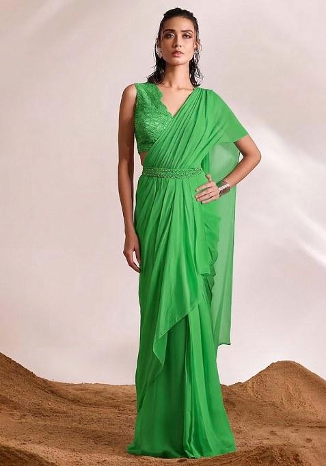 Light Green Georgette Handwork Pre Draped Saree Set
