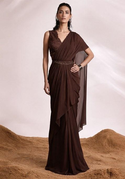 Brown Georgette Handwork Pre Draped Saree Set
