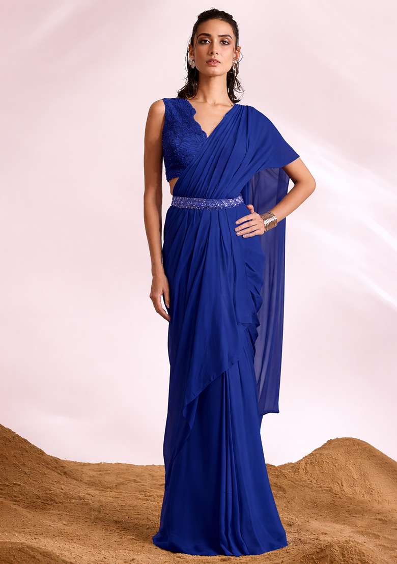 Royal Blue Georgette Handwork Pre Draped Saree Set - Indya