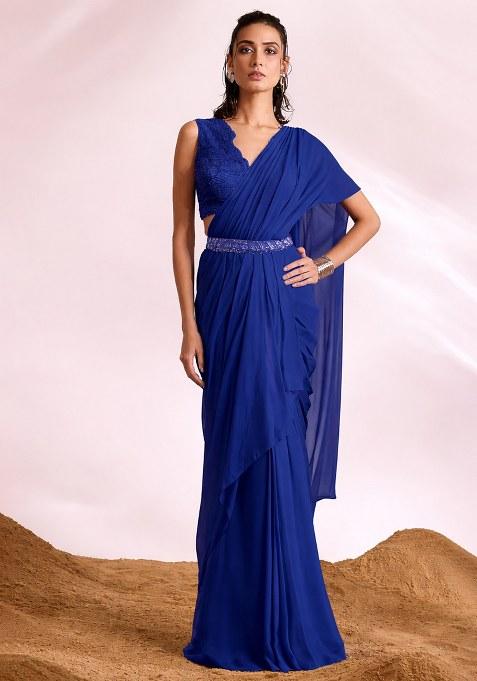 Royal Blue Georgette Handwork Pre Draped Saree Set