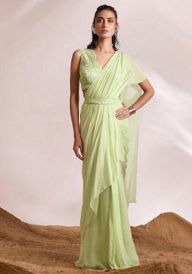 Mint Green Georgette Handwork Pre Draped Saree Set