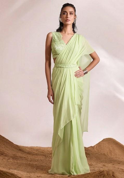 Mint Green Georgette Handwork Pre Draped Saree Set