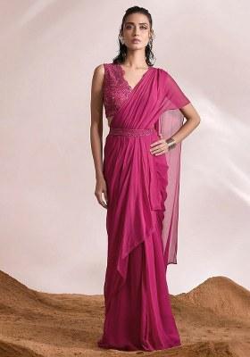Rani Pink Georgette Handwork Pre Draped Saree Set