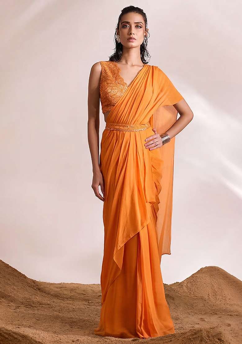 Orange Georgette Handwork Pre Draped Saree Set - Indya