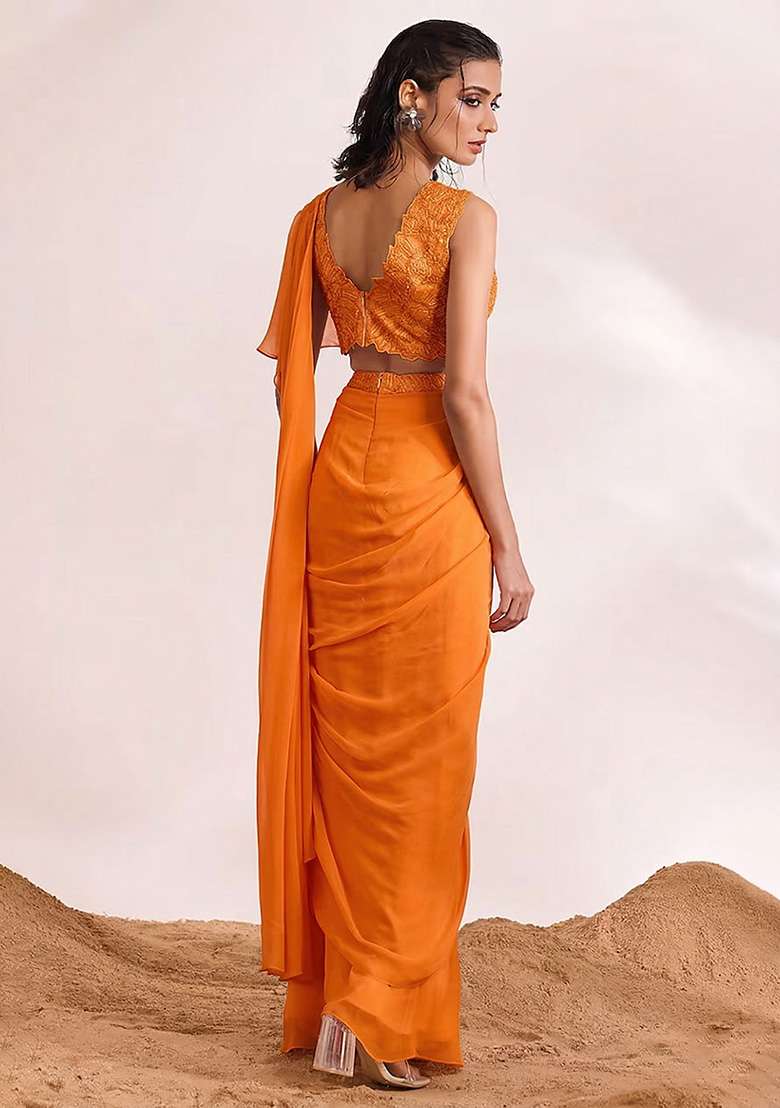 Orange Georgette Handwork Pre Draped Saree Set - Indya