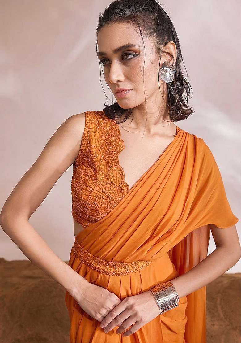 Orange Georgette Handwork Pre Draped Saree Set - Indya