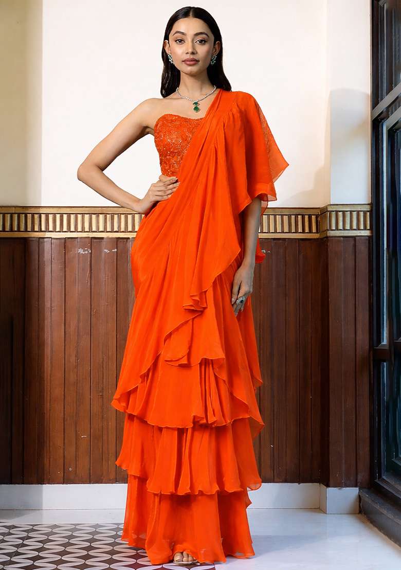 Bright Orange Crepe Handwork Pre Draped Saree Set - Indya