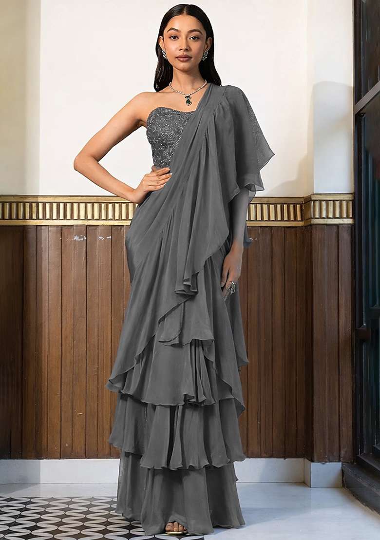 Grey Crepe Handwork Pre Draped Saree Set - Indya