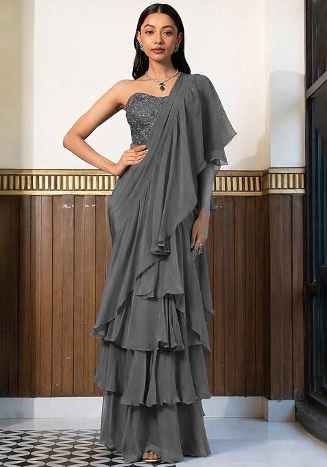 Grey Crepe Handwork Pre Draped Saree Set