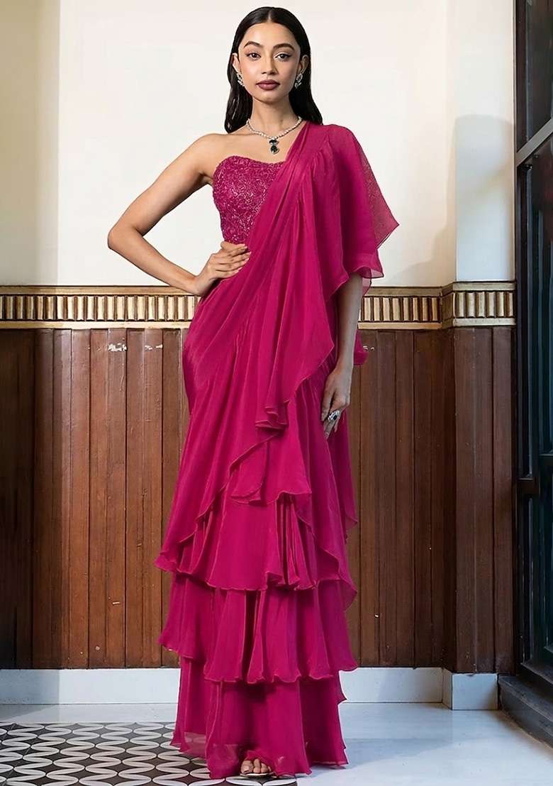 Rani Pink Crepe Handwork Pre Draped Saree Set - Indya