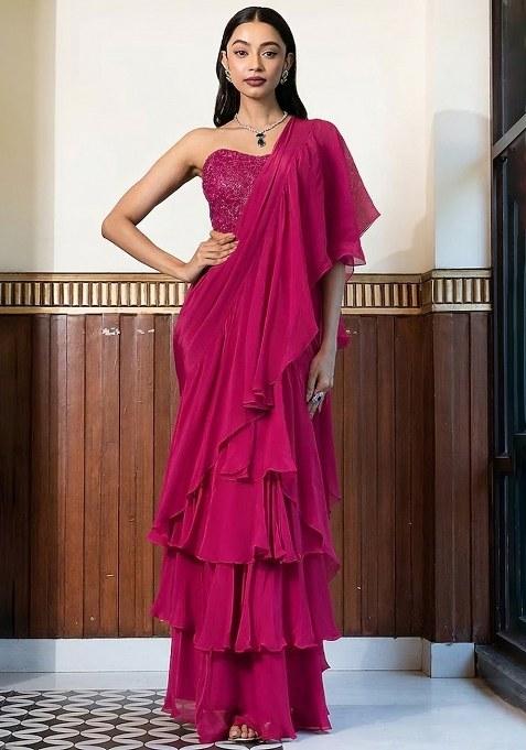 Rani Pink Crepe Handwork Pre Draped Saree Set