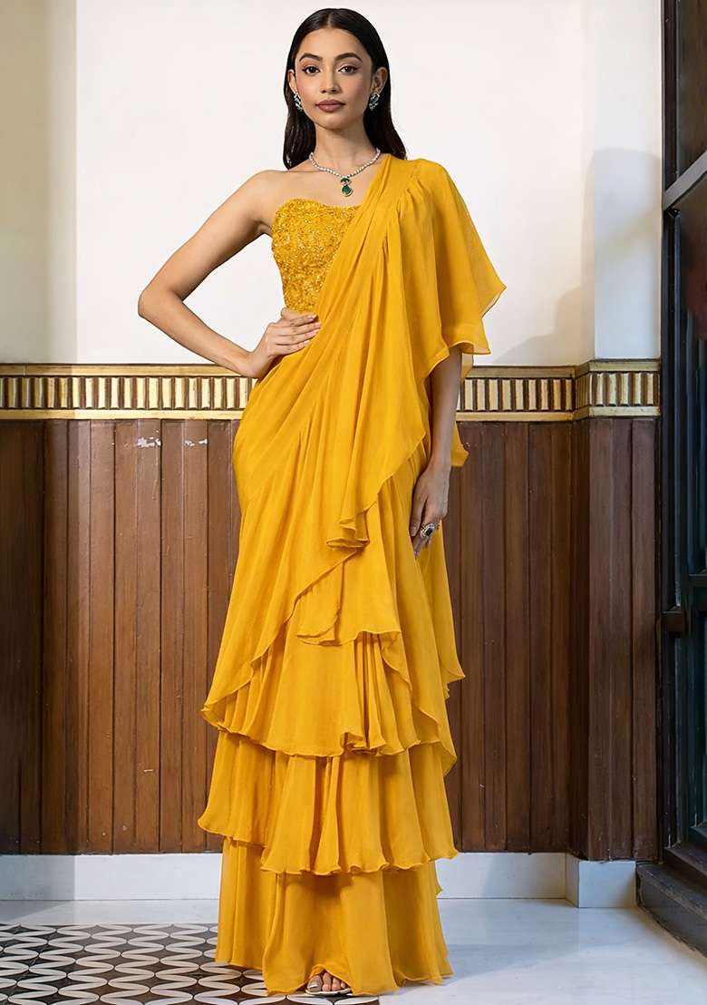 Yellow Crepe Handwork Pre Draped Saree Set - Indya