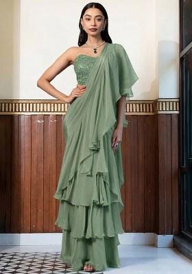 Pastel Green Crepe Handwork Pre Draped Saree Set