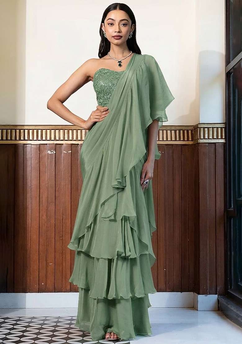 Pastel Green Crepe Handwork Pre Draped Saree Set - Indya