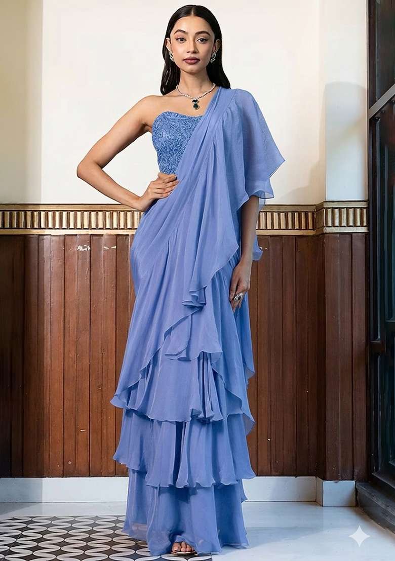Lavender Blue Crepe Handwork Pre Draped Saree Set - Indya