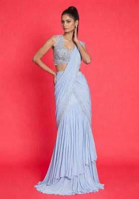 Powder Blue Crepe Handwork Pre Draped Saree Set