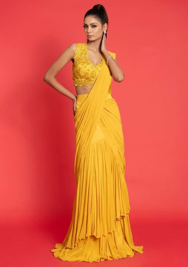 Yellow Crepe Handwork Pre Draped Saree Set - Indya