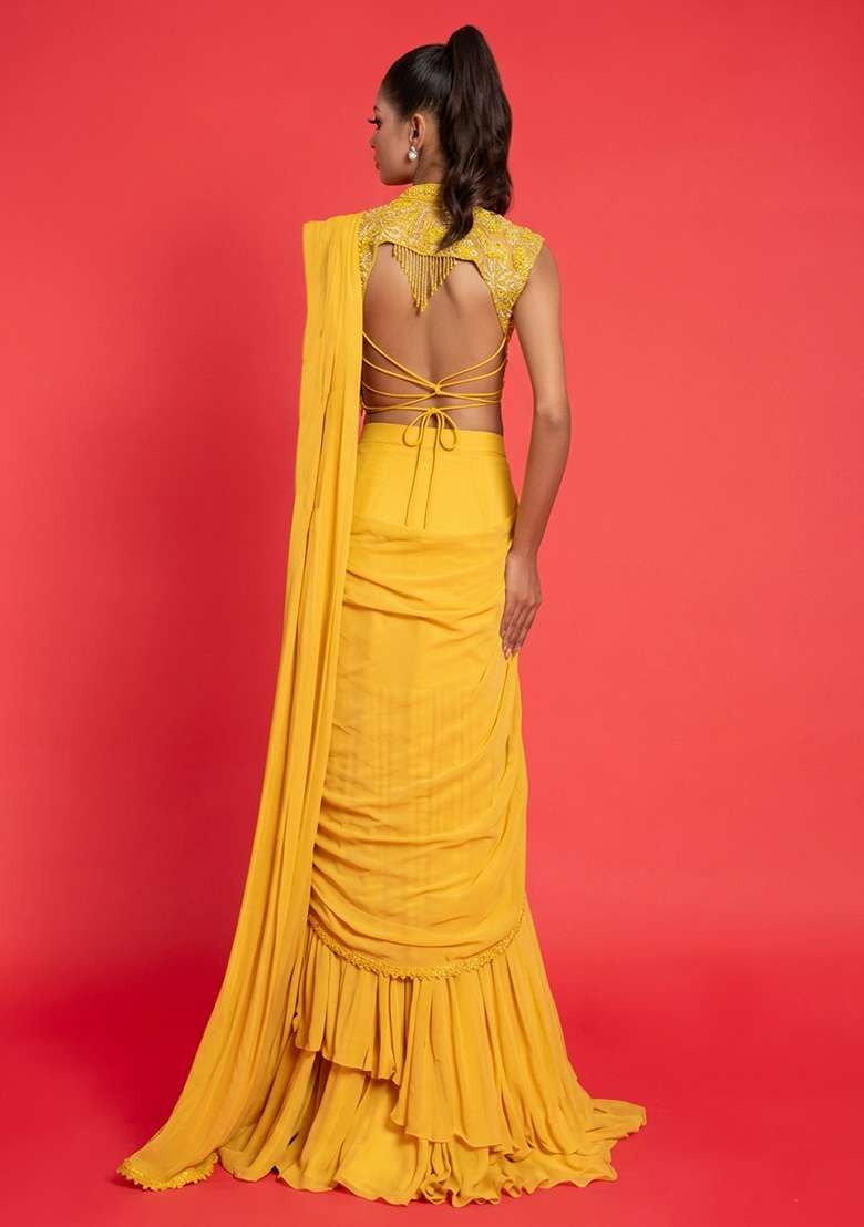 Yellow Crepe Handwork Pre Draped Saree Set - Indya