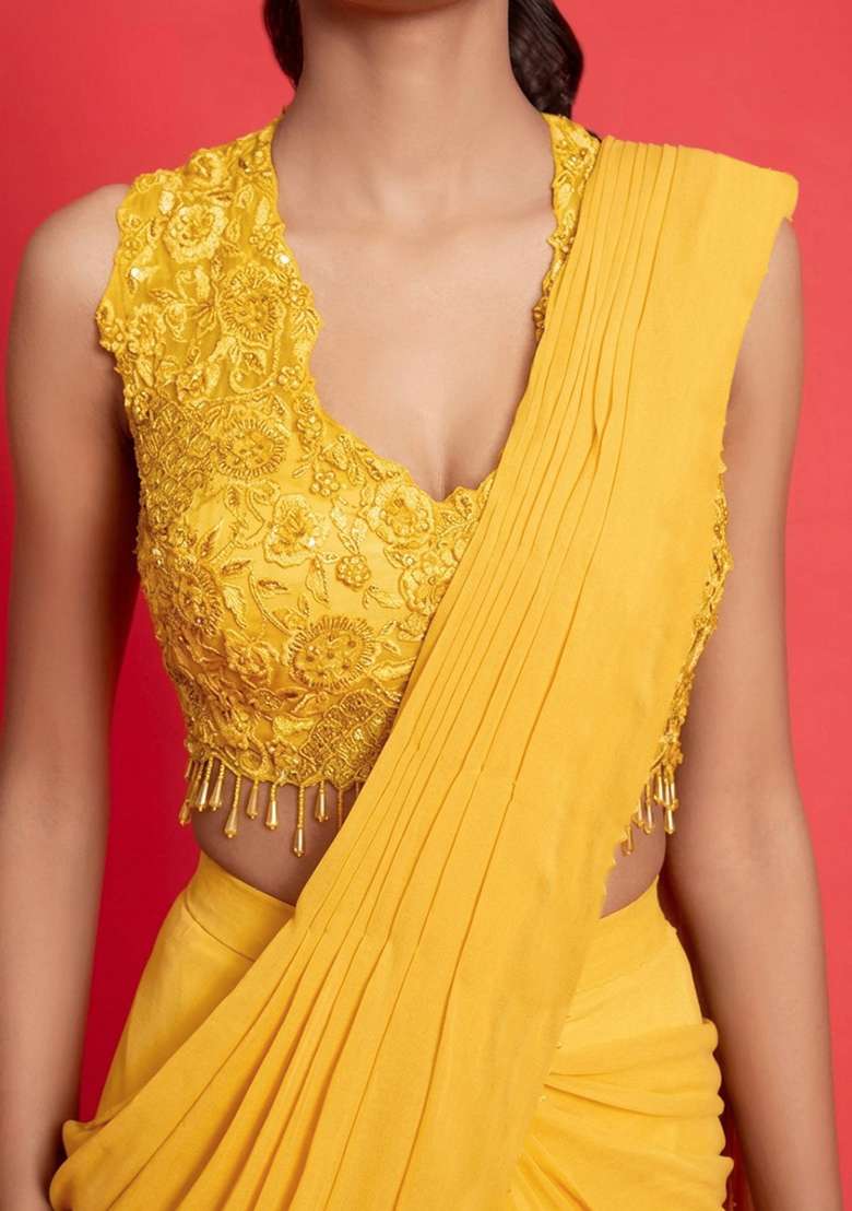 Yellow Crepe Handwork Pre Draped Saree Set - Indya