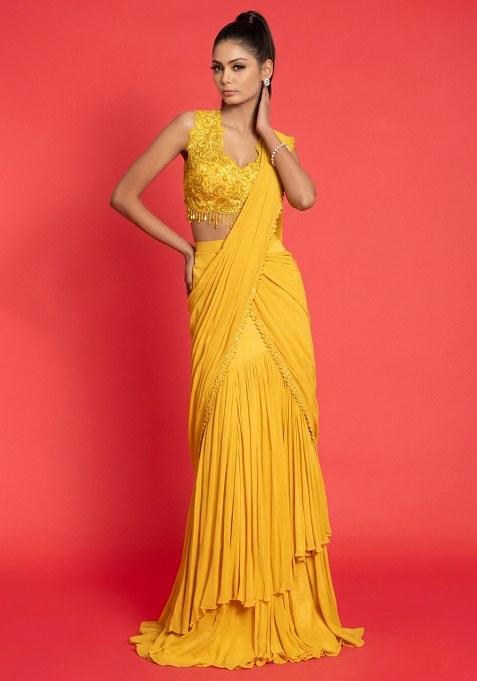 Yellow Crepe Handwork Pre Draped Saree Set