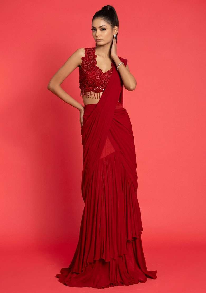 Red Crepe Handwork Pre Draped Saree Set - Indya