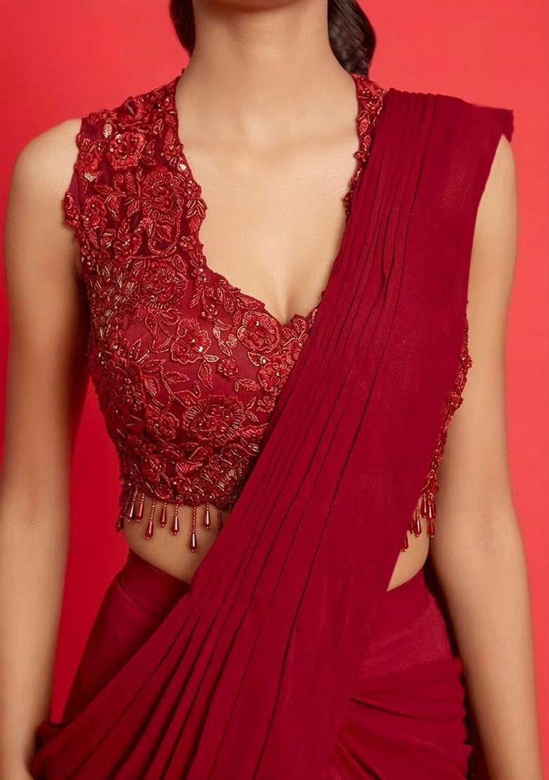 Red Crepe Handwork Pre Draped Saree Set - Indya