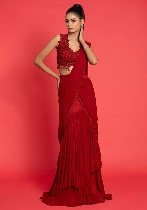 Red Crepe Handwork Pre Draped Saree Set