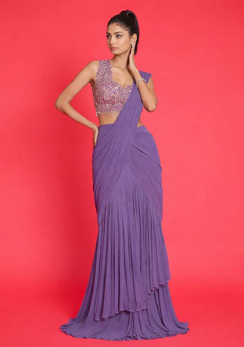 Purple Crepe Handwork Pre Draped Saree Set - Indya
