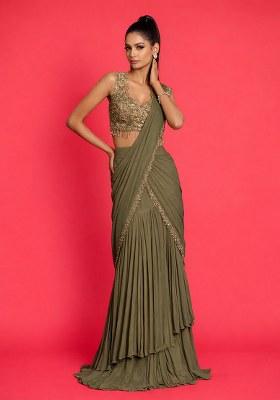 Brown Crepe Handwork Pre Draped Saree Set