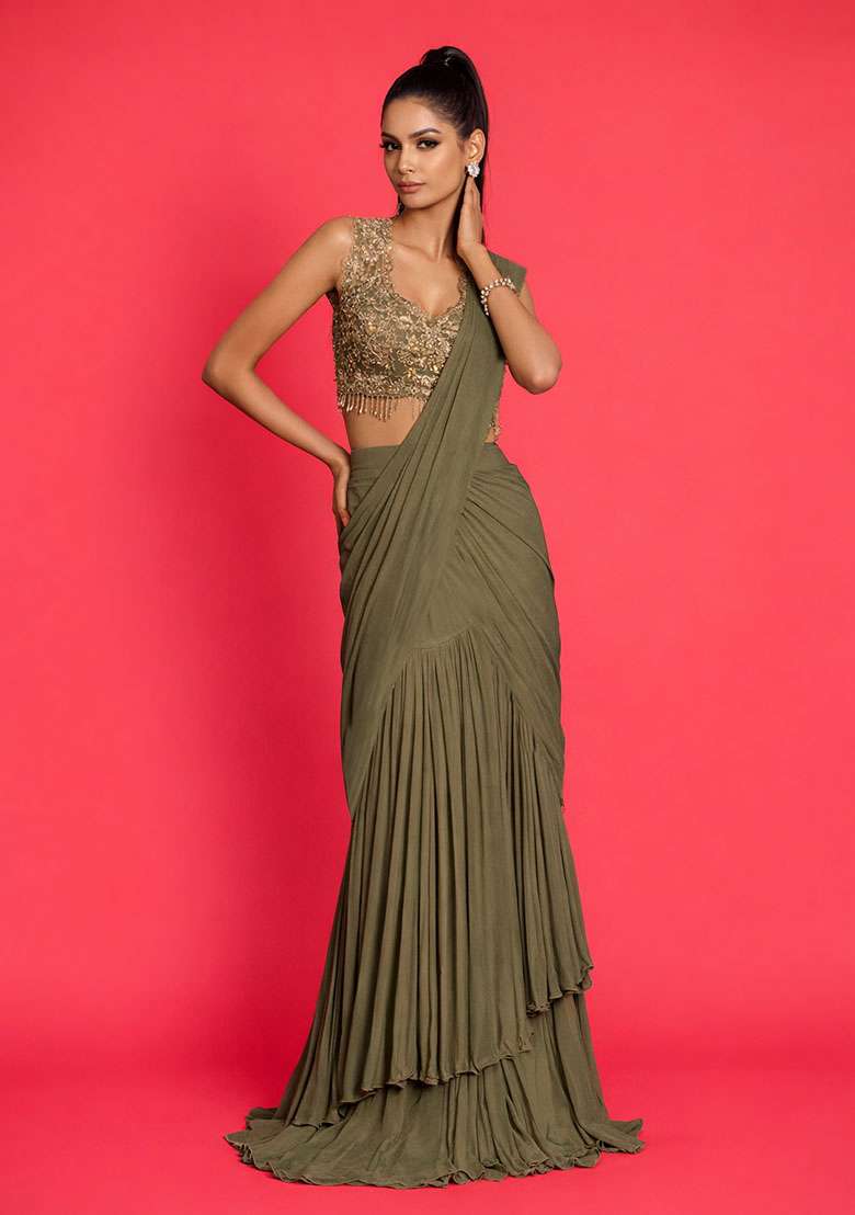 Brown Crepe Handwork Pre Draped Saree Set - Indya