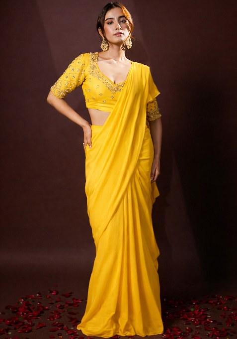 Mustard Crepe Handwork Pre Draped Saree Set