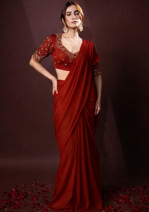 Deep Red Crepe Handwork Pre Draped Saree Set